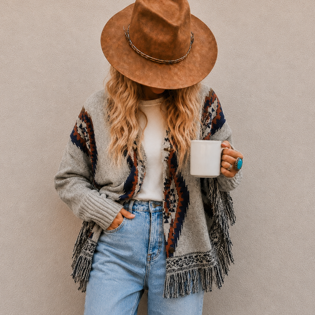 Cheyenne Fringe Hooded Cardigan Sweater - Lavender Tribe