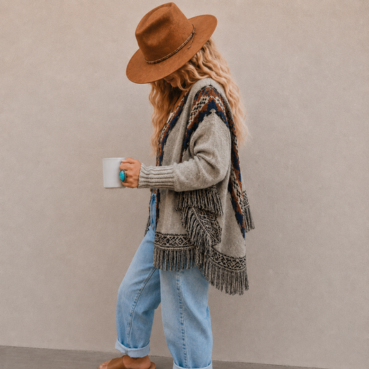 Cheyenne Fringe Hooded Cardigan Sweater - Lavender Tribe