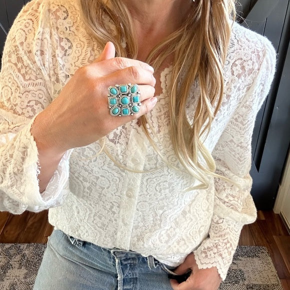 Close Up Turquoise and Silver Square Western Ring