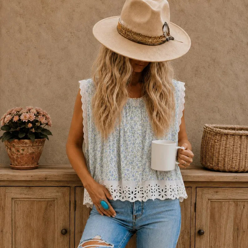 Cottage Toile Floral Sleeveless Blouse - Lavender Tribe
