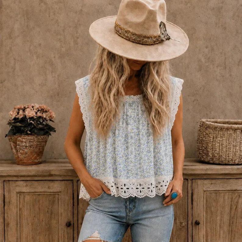 Cottage Toile Floral Sleeveless Blouse (Copy) - Lavender Tribe