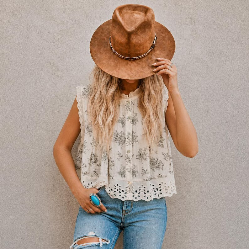 Cottage Toile Floral Sleeveless Blouse