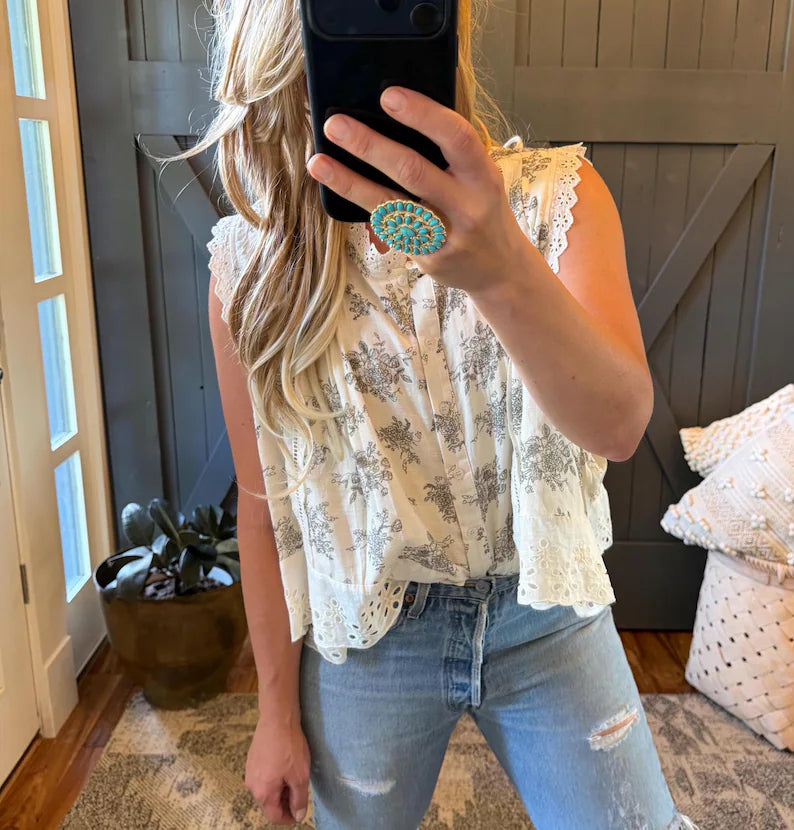 Cottage Toile Floral Sleeveless Blouse
