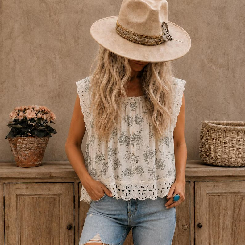 Cottage Toile Floral Sleeveless Blouse