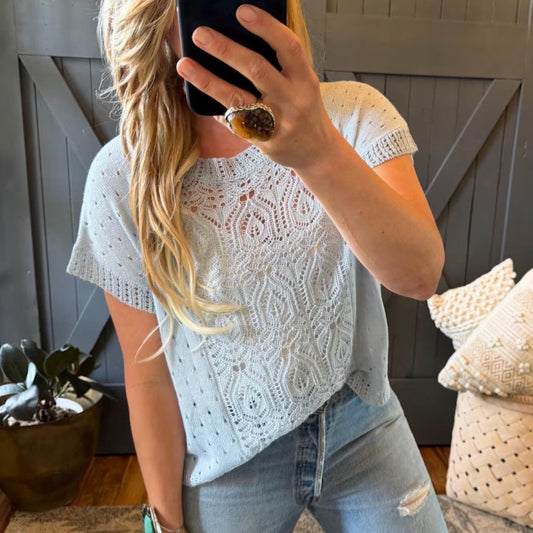 Crochet Cotton Knit Top: Lightweight Pullover Blue Sweater by Lavender Tribe Design