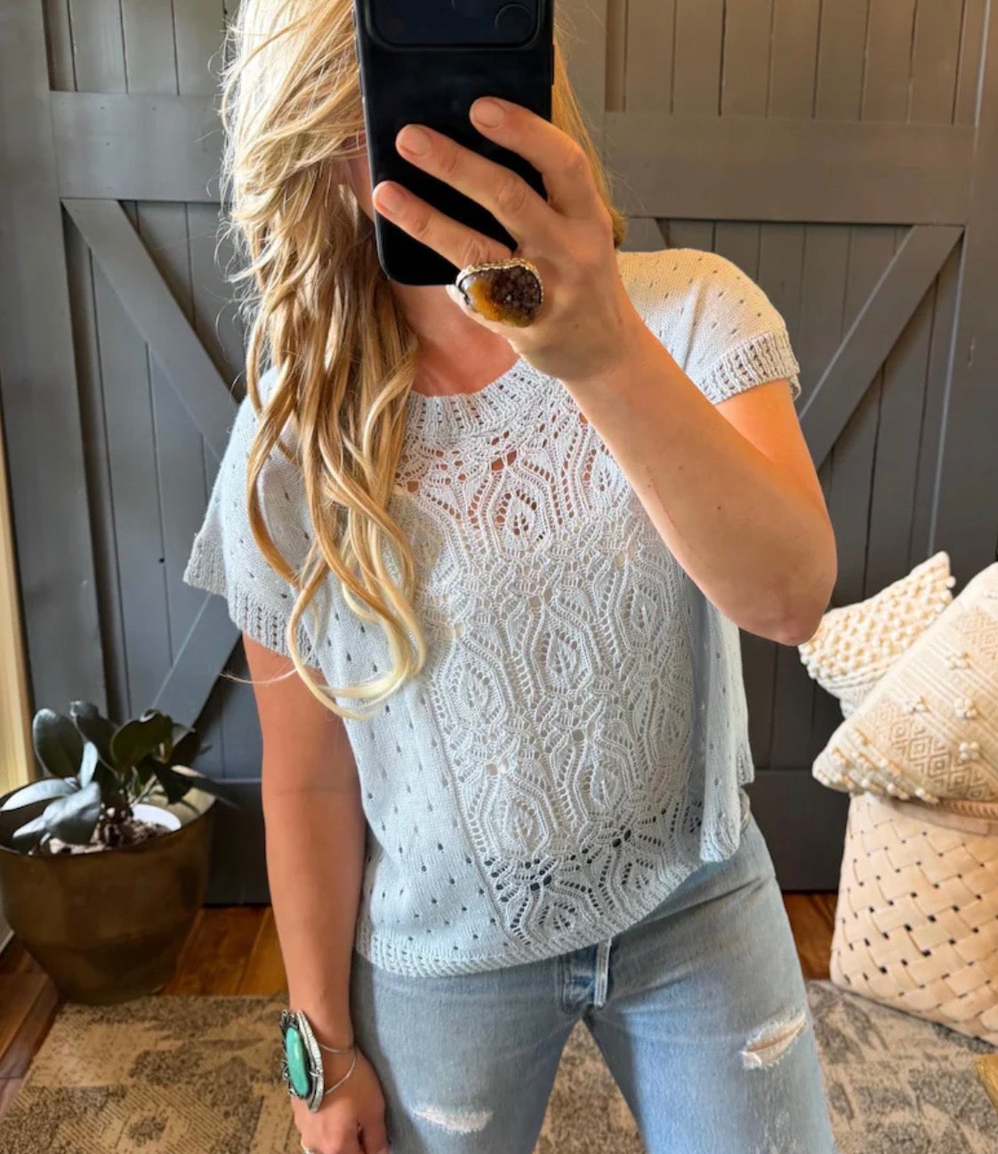 Crochet Cotton Knit Top: Lightweight Pullover Blue Sweater
