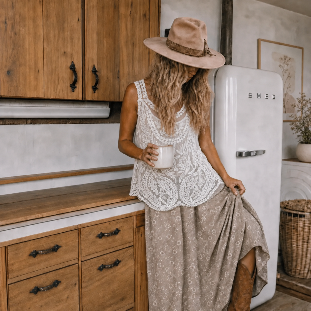 A woman stands in a rustic kitchen wearing a bohemian-style outfit featuring a white crochet lace sleeveless top, a beige wide-brim hat, and a beige patterned maxi skirt. She is holding a white mug next to a white SMEG refrigerator.