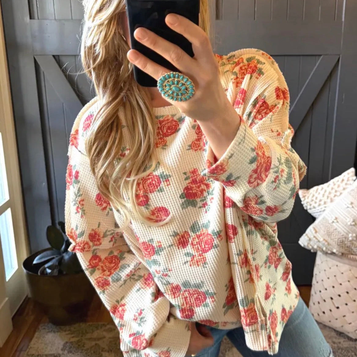 Oversized Floral Thermal Knit Top - Lavender Tribe