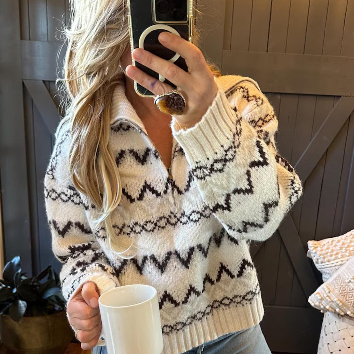 Knitted Half Zip Front Geometric Sweaer