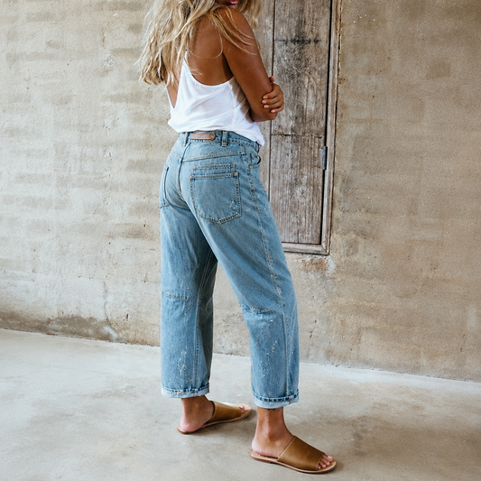 Distressed Paint Drip Wide Leg Barrel Jeans - Lavender Tribe