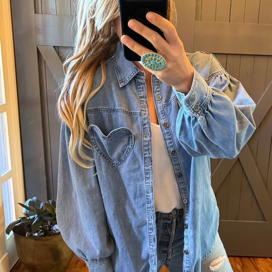 Oversized Heart Pocket Denim Shirt Jacket