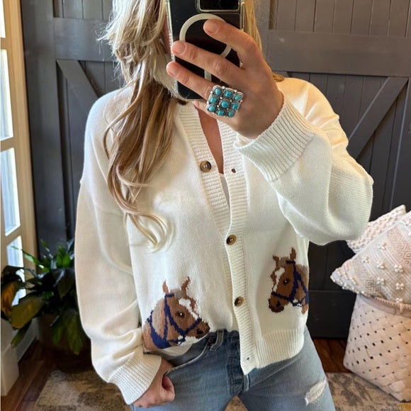Derby Western Horse Knit Cardigan Sweater  Model Selfie