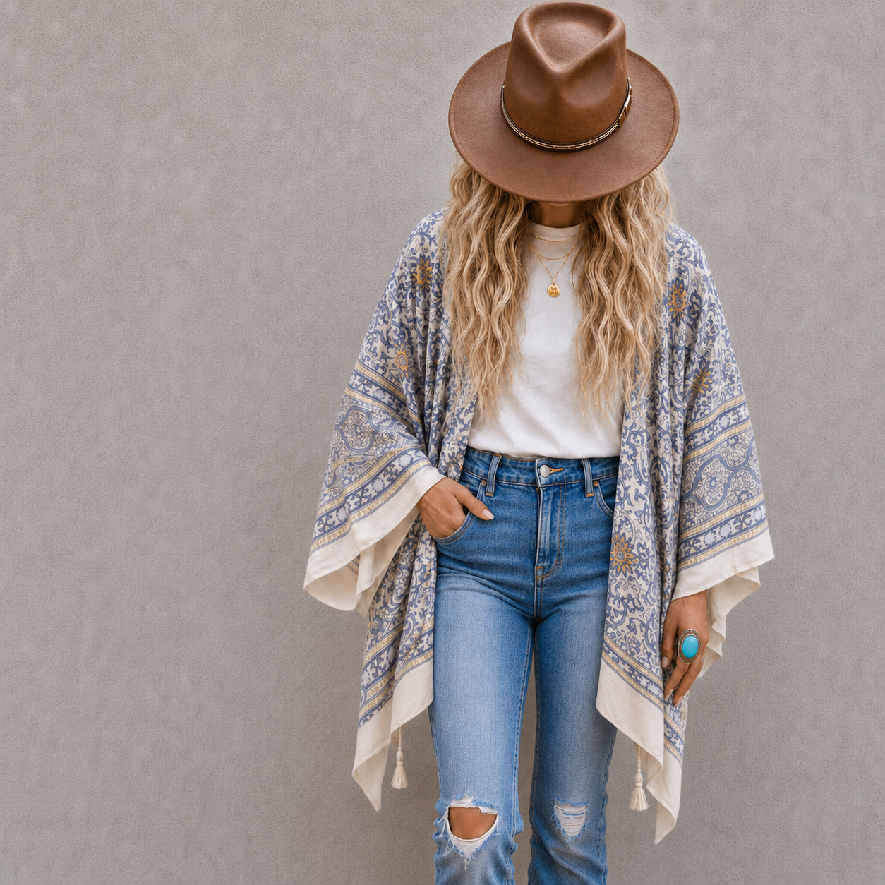 A woman wearing a brown wide-brim hat, a white t-shirt, blue ripped jeans, and a beige and blue patterned bohemian shawl poncho, standing against a textured gray wall.