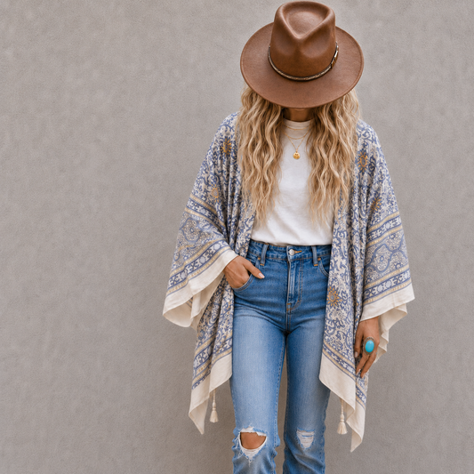 A woman wearing a brown wide-brim hat, a white t-shirt, blue ripped jeans, and a beige and blue patterned bohemian shawl poncho, standing against a textured gray wall.