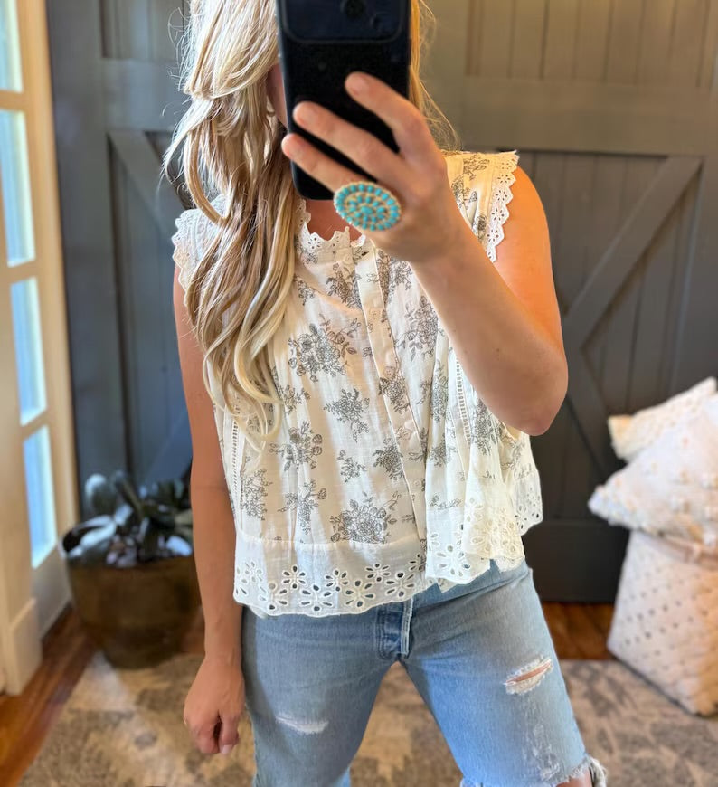 Cottage Toile Floral Sleeveless Blouse