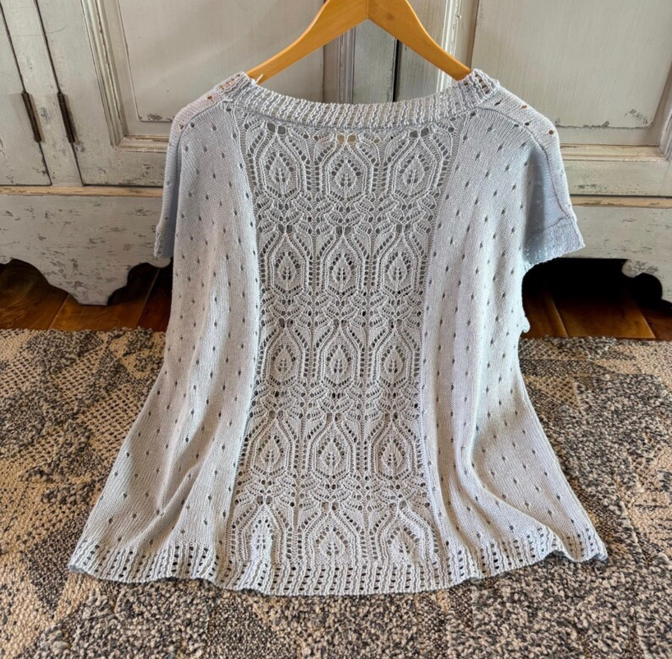 Crochet Cotton Knit Top: Lightweight Pullover Blue Sweater