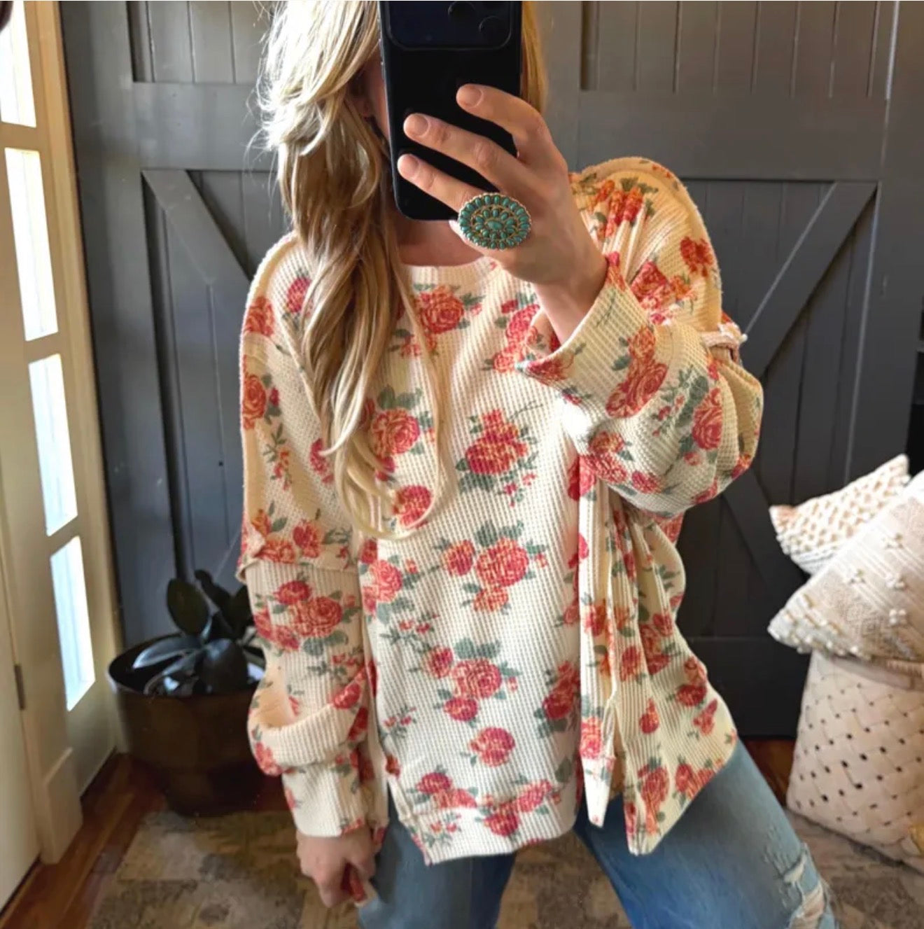 Oversized Floral Thermal Knit Top - Lavender Tribe