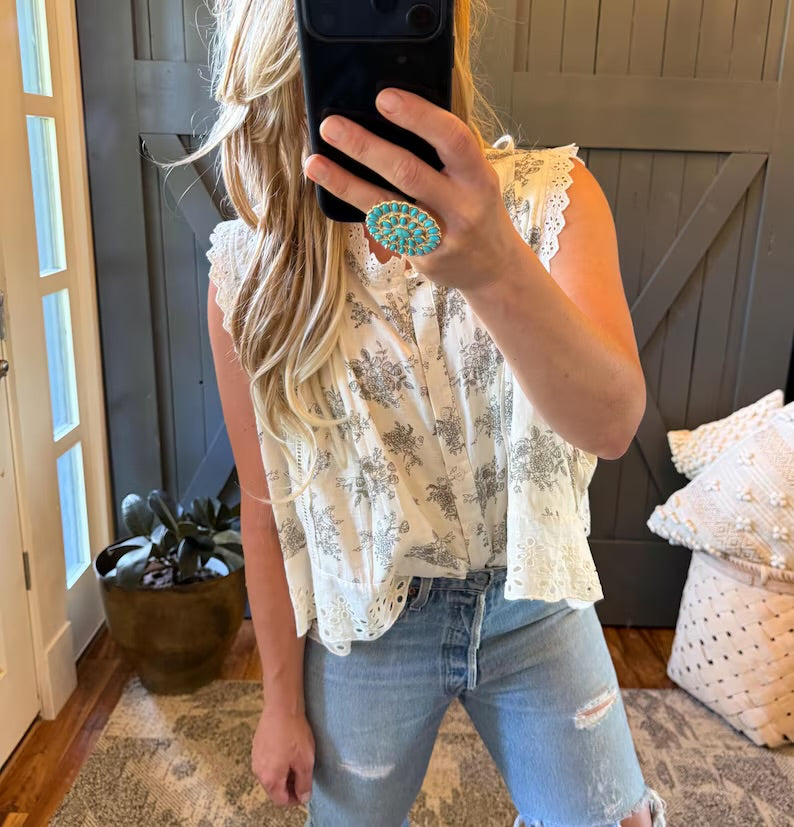 Cottage Toile Floral Sleeveless Blouse