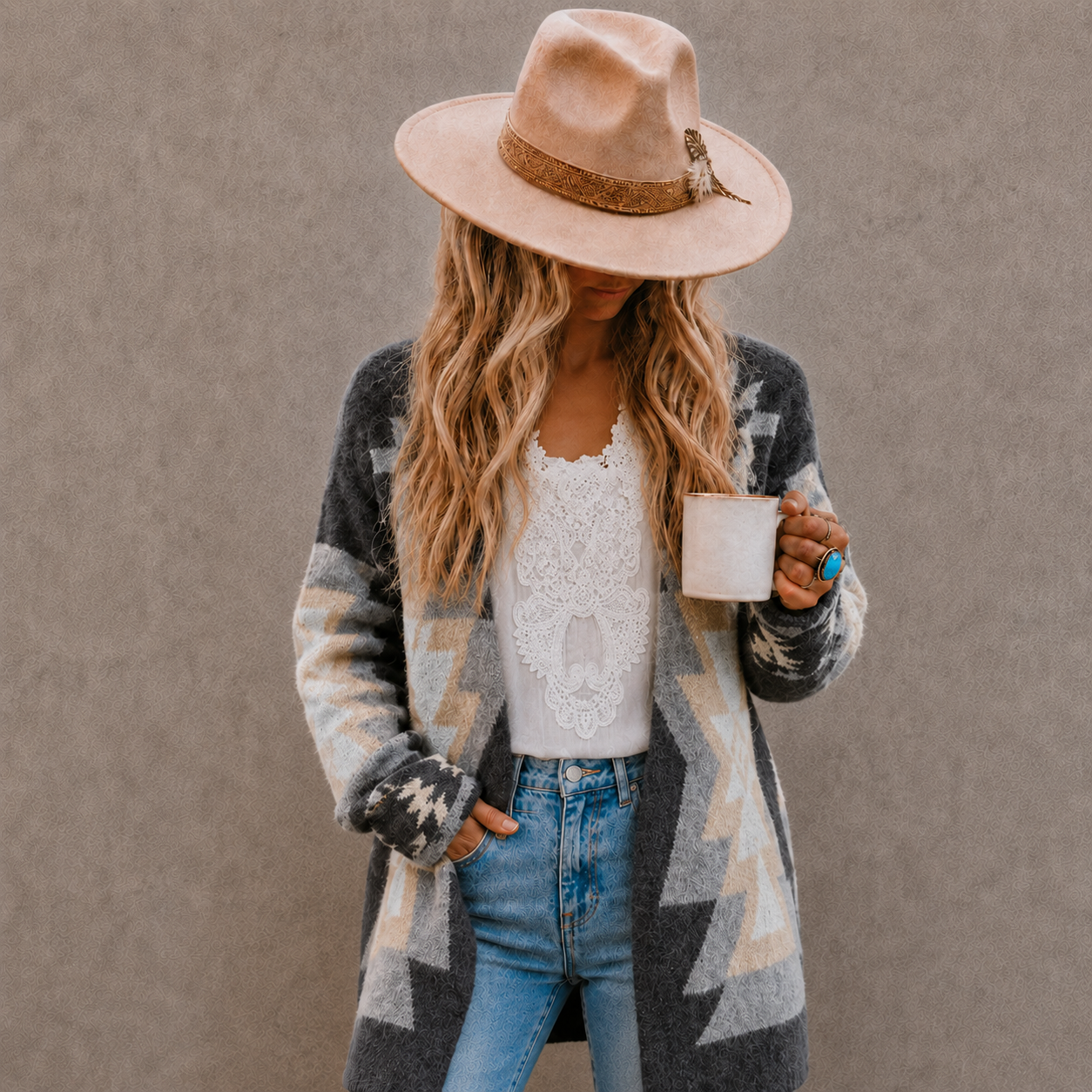 A woman wearing a wide-brim tan hat, a gray and beige geometric patterned cardigan over a white lace top, and blue jeans, holding a white mug against a textured gray wall.