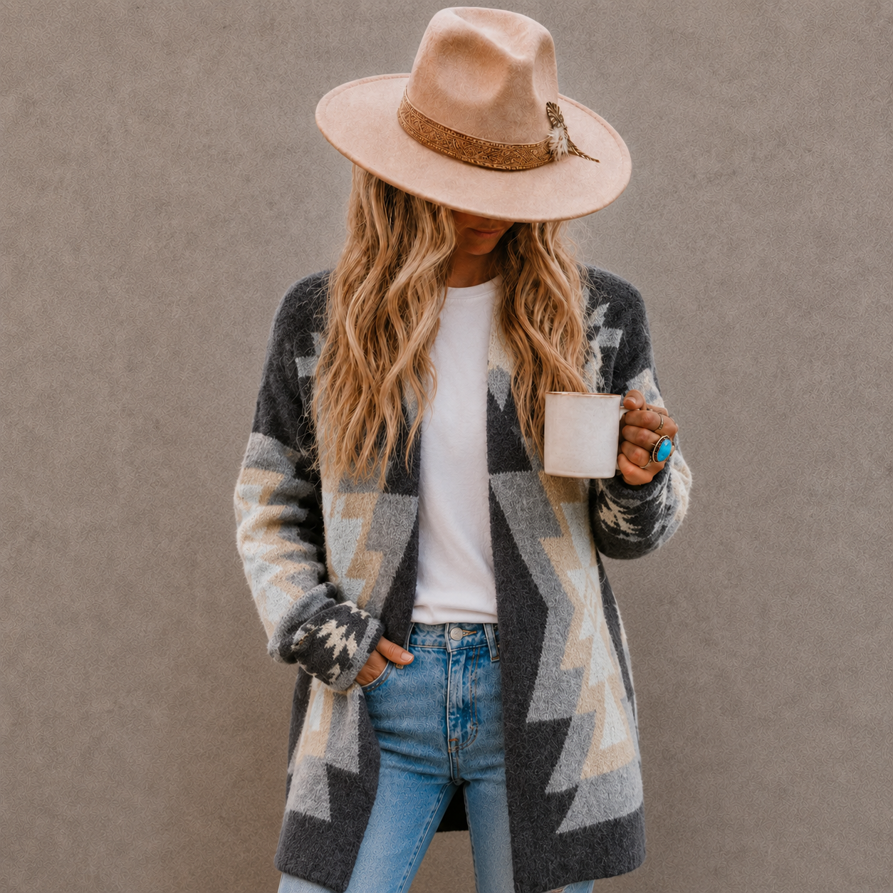 A woman wearing a long geometric pattern knit cardigan, a beige wide-brim hat, a white t-shirt, and blue jeans, holding a white mug against a textured gray background.