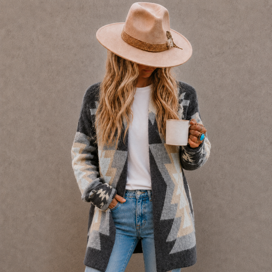 A woman wearing a long geometric pattern knit cardigan, a beige wide-brim hat, a white t-shirt, and blue jeans, holding a white mug against a textured gray background.