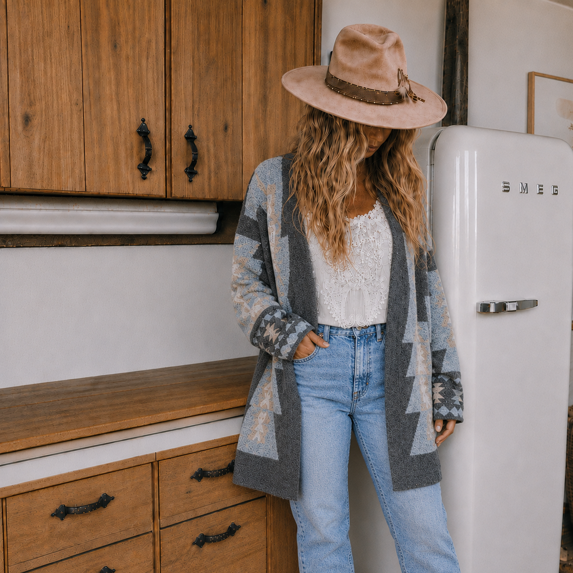 A woman wearing a gray and blue geometric patterned cardigan, a white top, light blue jeans, and a beige wide-brim hat stands in a rustic kitchen next to a white retro SMEG refrigerator.