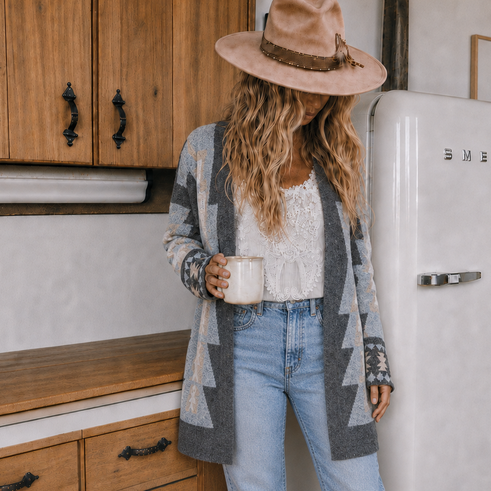 A woman stands in a rustic kitchen next to a white retro-style SMEG refrigerator, wearing a wide-brimmed tan hat, a gray and beige patterned cardigan over a white top, and light blue jeans.