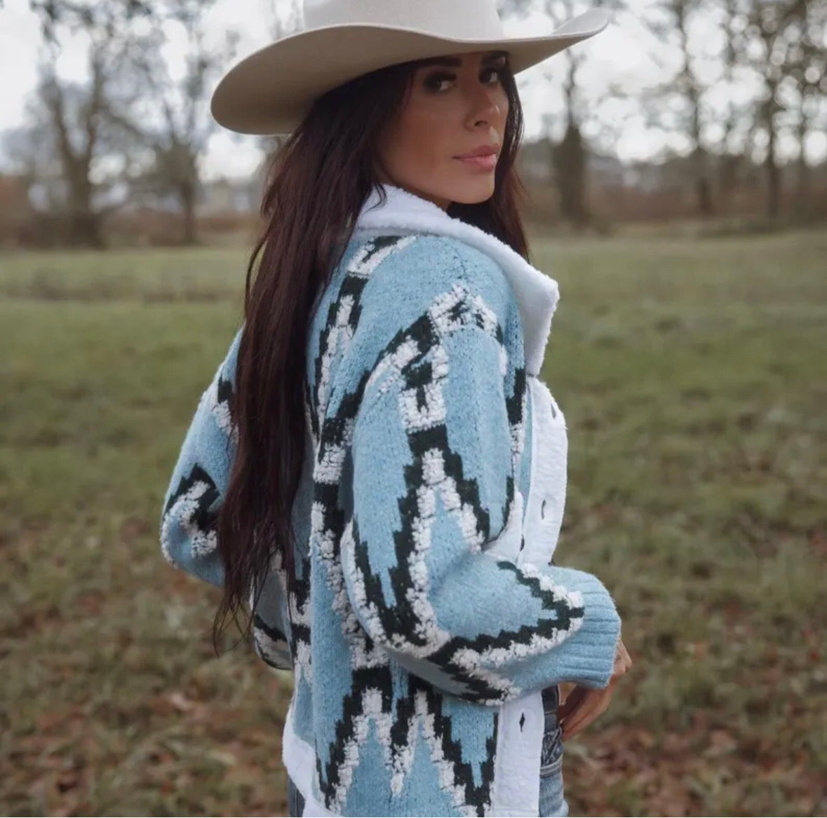 Montana Native Knit Sherpa Sweater Jacket in Blue - Lavender Tribe