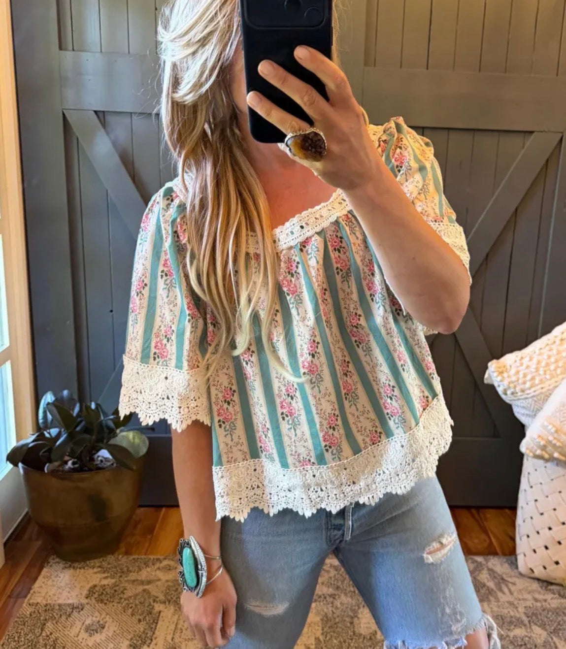 Model Wearing Floral Cotton Blouse by Lavender Tribe Design.