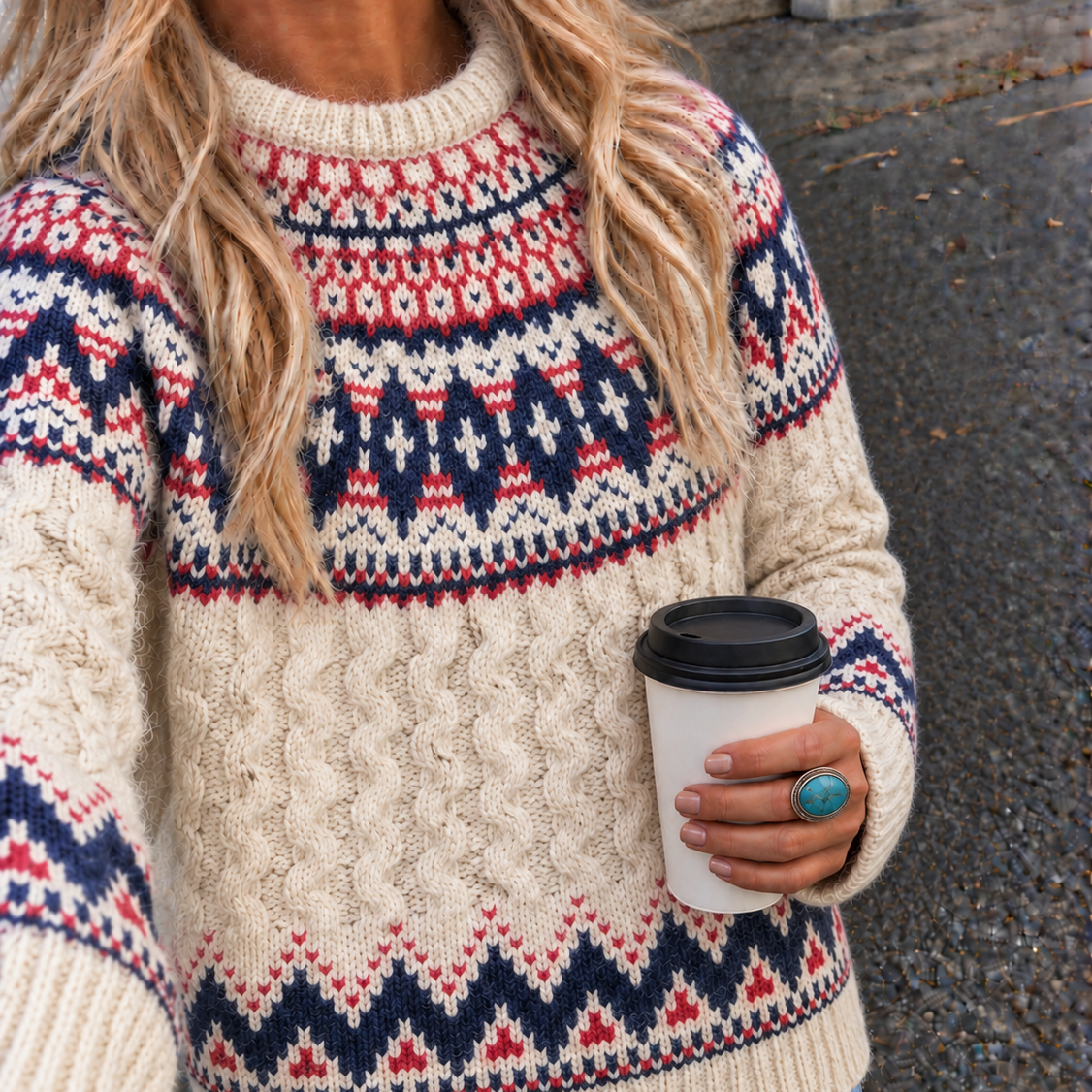 A woman wearing a cream cable-knit sweater with a red and navy blue Fair Isle pattern, holding a white paper coffee cup outdoors.