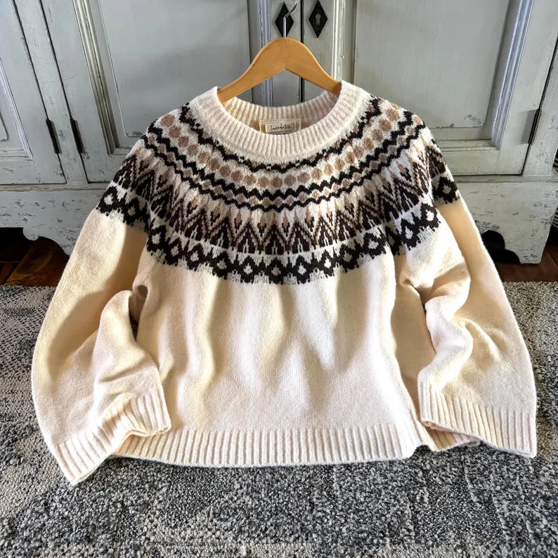 Fair Isle Icelandic Knit Pullover Sweater by Lavender Tribe Design Hanging
