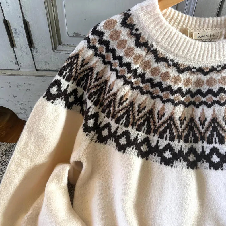 Fair Isle Icelandic Knit Pullover Sweater by Lavender Tribe Design Hanging
