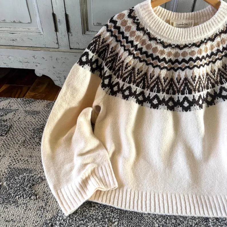 Fair Isle Icelandic Knit Pullover Sweater by Lavender Tribe Design Hanging
