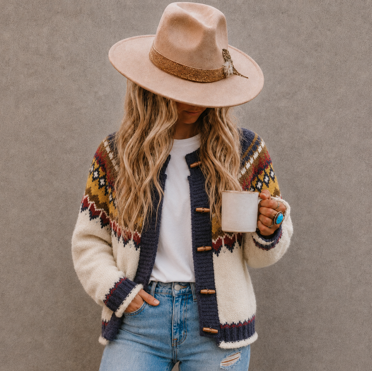 A woman wearing a beige wide-brim hat, a cream knit cardigan with colorful geometric patterns and brown buttons, a white t-shirt, and light blue jeans, holding a white mug against a textured gray background.