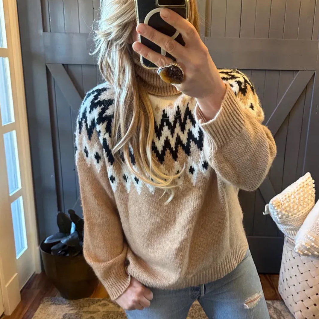 Fair Isle Knit Pullover Turtleneck Sweater 