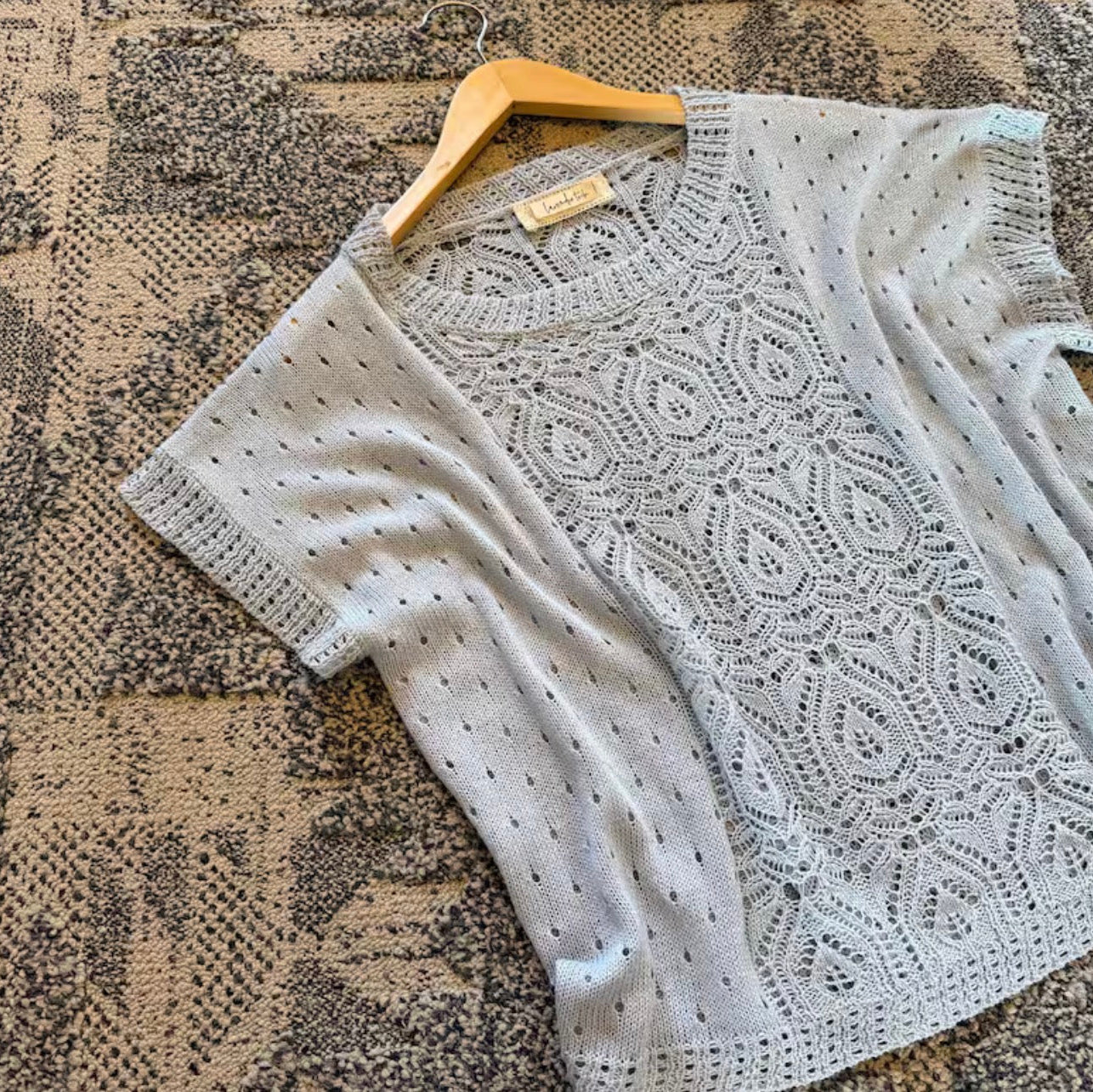 Crochet Cotton Knit Top: Lightweight Pullover Blue Sweater