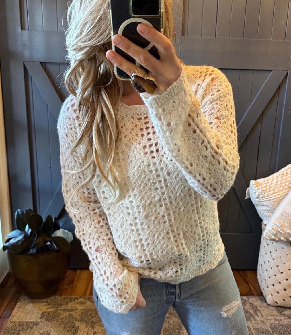 Crochet Cotton Knit Pullover Sweater - Lavender Tribe