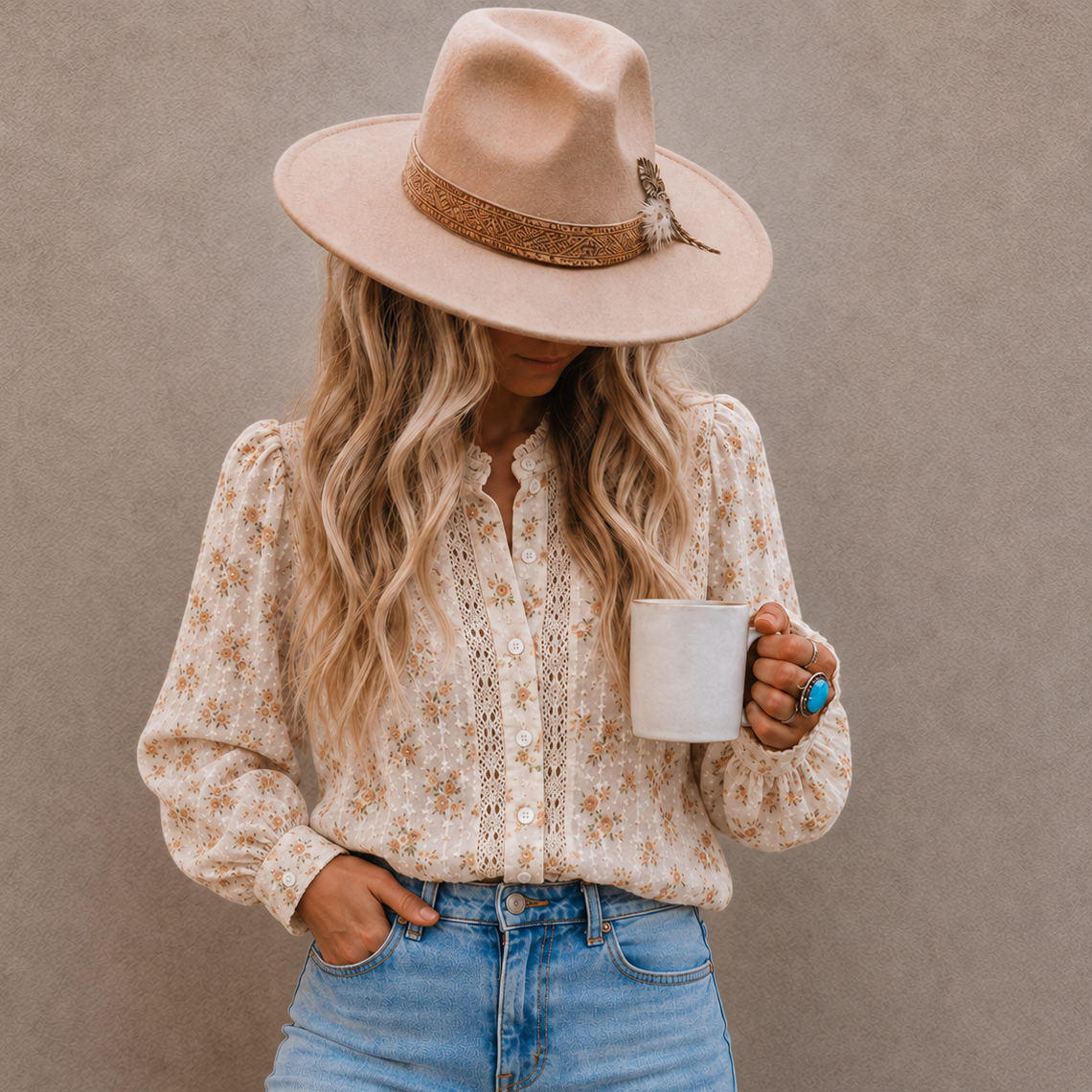A woman wearing a beige wide-brim fedora hat, a cream floral long-sleeve button-up blouse, and light-wash blue jeans, holding a white mug against a textured gray wall.