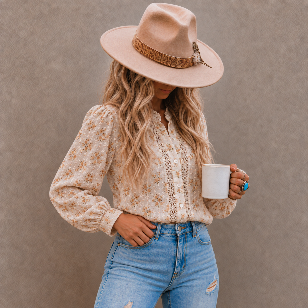 A woman wearing a beige wide-brim fedora hat, a cream and tan floral long-sleeve blouse with lace trim, and light blue jeans, holding a white mug against a textured gray background.