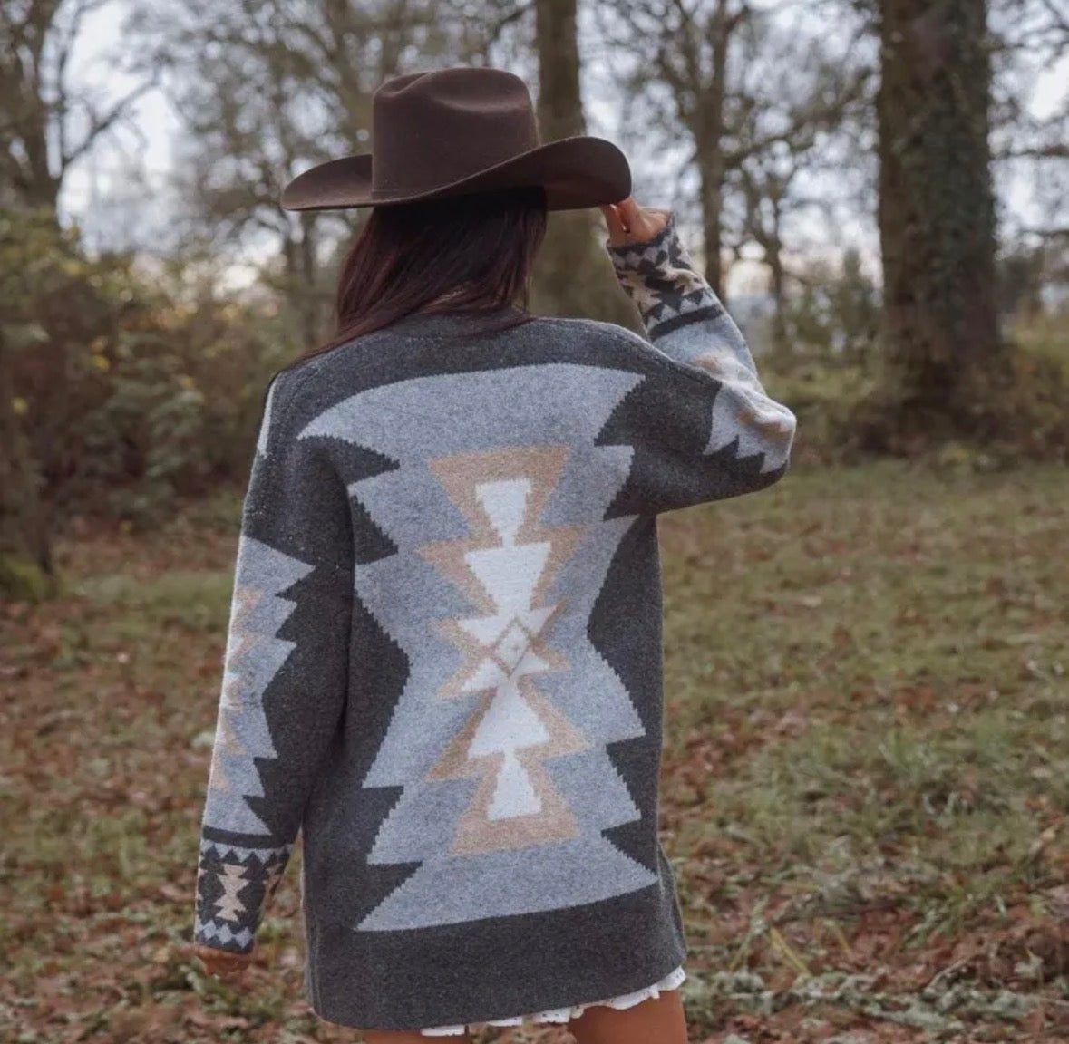 Person wearing a patterned cardigan and cowboy hat in a forest setting