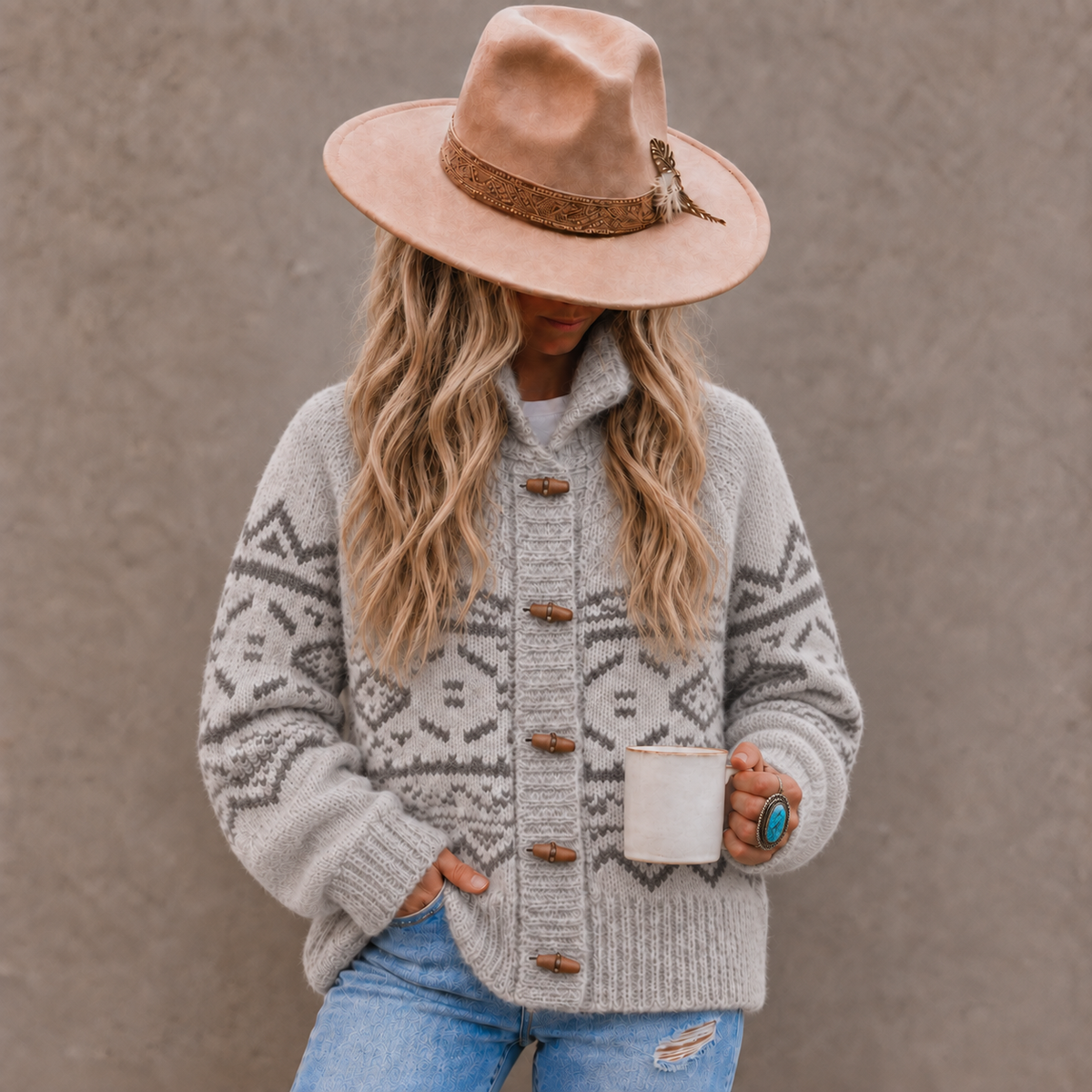 Western Cowichan Print Grey Cardigan Sweater (Copy) - Lavender Tribe