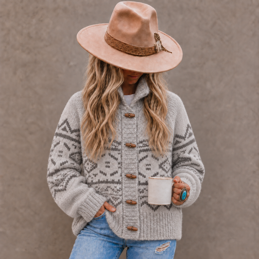 Western Cowichan Print Grey Cardigan Sweater (Copy) - Lavender Tribe