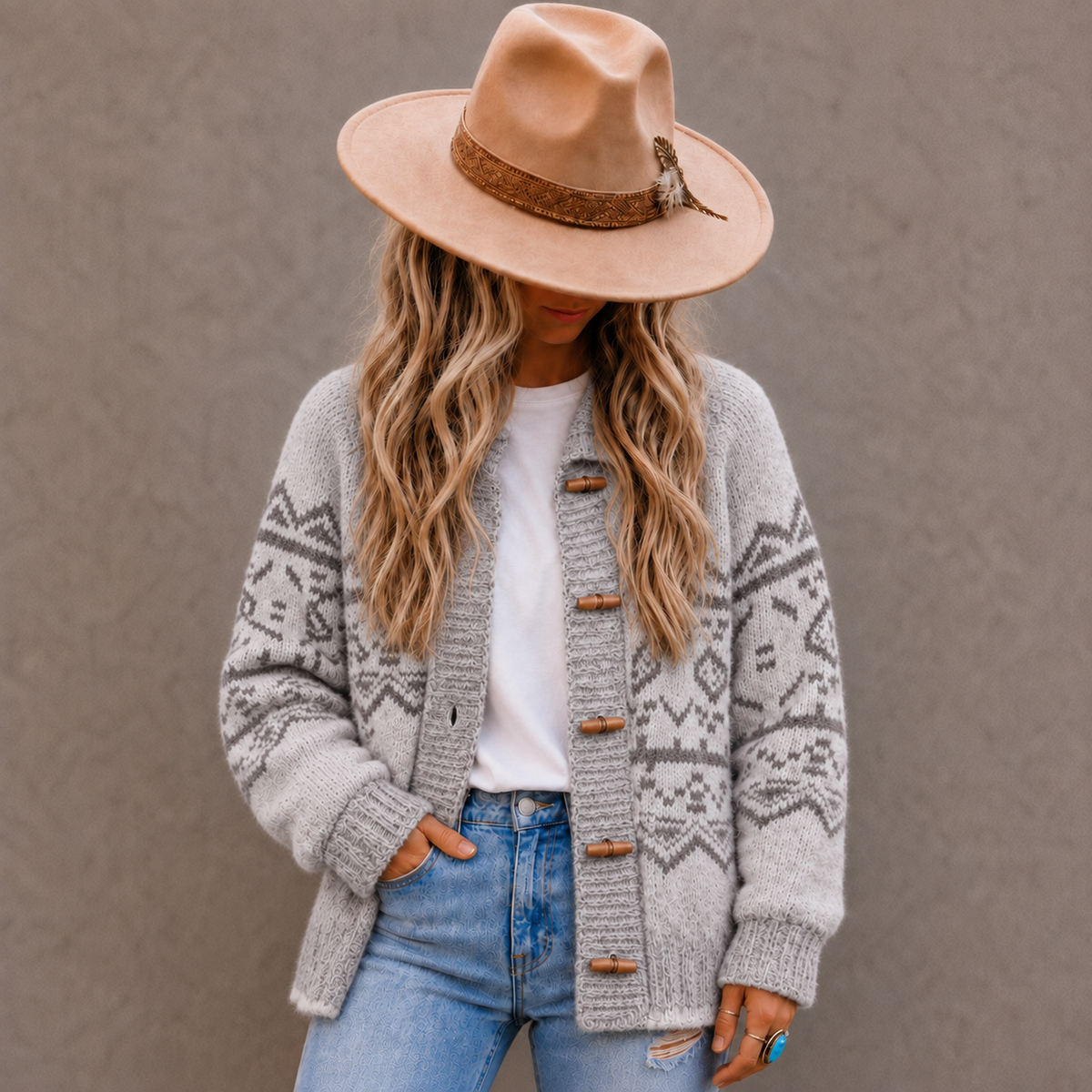 Western Cowichan Print Grey Cardigan Sweater (Copy) - Lavender Tribe
