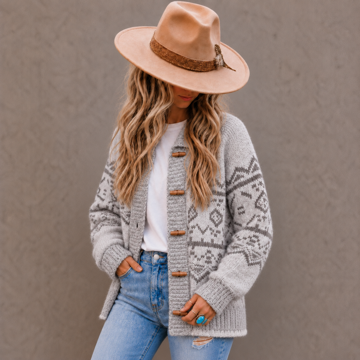 Western Cowichan Print Grey Cardigan Sweater (Copy) - Lavender Tribe