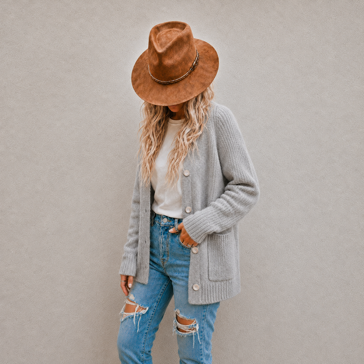 A woman wearing a light gray ribbed knit cardigan, a brown wide-brim felt hat, a white t-shirt, and distressed blue jeans, standing against a neutral gray wall.
