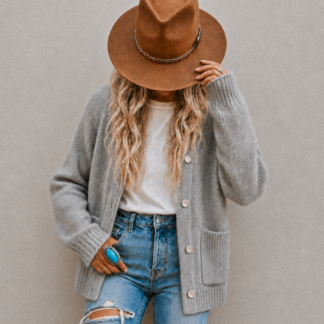 A woman wearing a brown wide-brim fedora hat, a light gray button-up cardigan over a white t-shirt, and light-wash blue jeans with a ripped knee detail, posing against a neutral gray wall.
