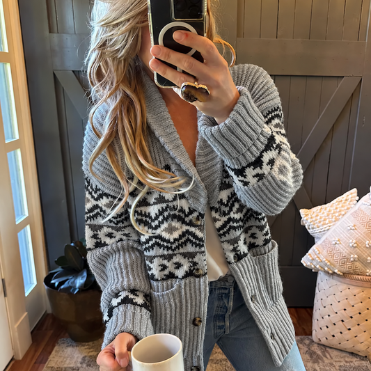 Western Cowichan Print Grey Cardigan Sweater - Lavender Tribe