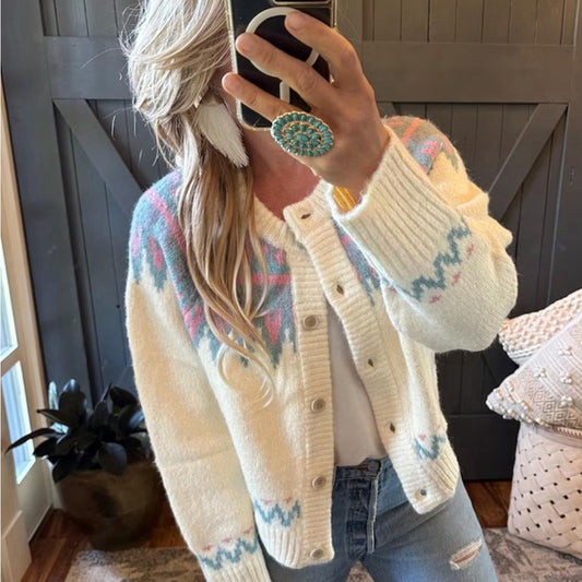 Blond model wearing a western sweater