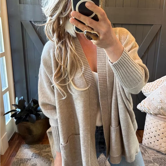 Handmade Grey Pocketed Cotton Cardigan Sweater by Lavender Tribe Design. Our Darling Knit Cardigan features an open front, dolman sleeve, pocketed front, soft cotton, and a oversized fit.
+ Soft Grey Thick Knit
+ Dolman Sleeve