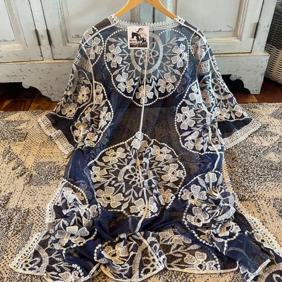 Handmade Navy Blue Embroidered Kimono  Back View 